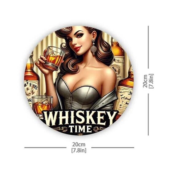 Retro 1950s Style Tin Sign • Whiskey Time •Big Boobed Brunette Pin-Up Girl •8 x8 - Picture 4 of 6